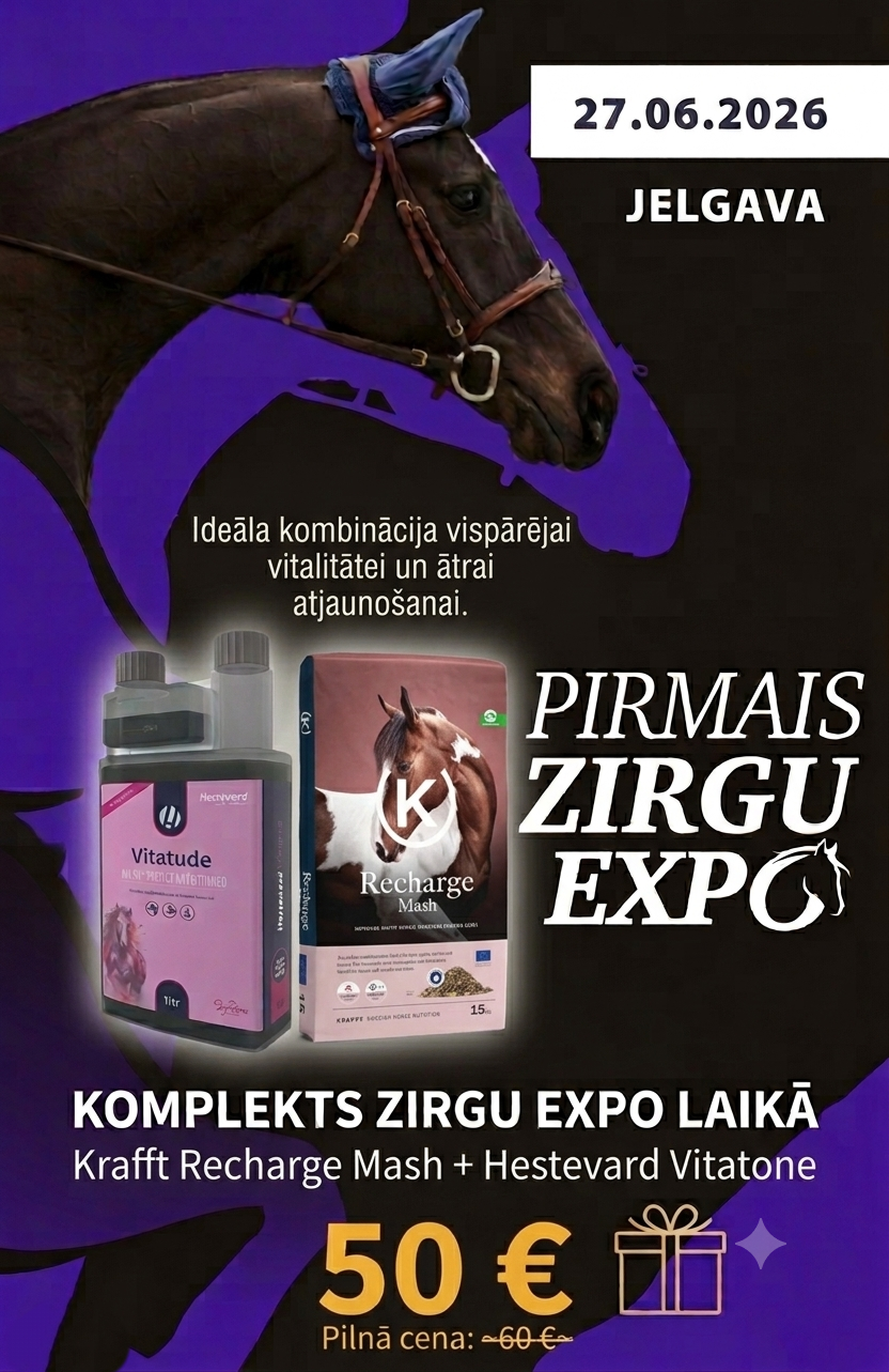 ZIRGU EXPO ĪPAŠAIS PIEDĀVĀJUMS: Krafft Recharge mash (15kg) + Hestevard Vitatude(1litrs)